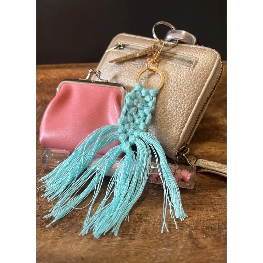 Teal Macrame Tassel Keychain Boho Bag Charm Purse Clip Handmade NWT